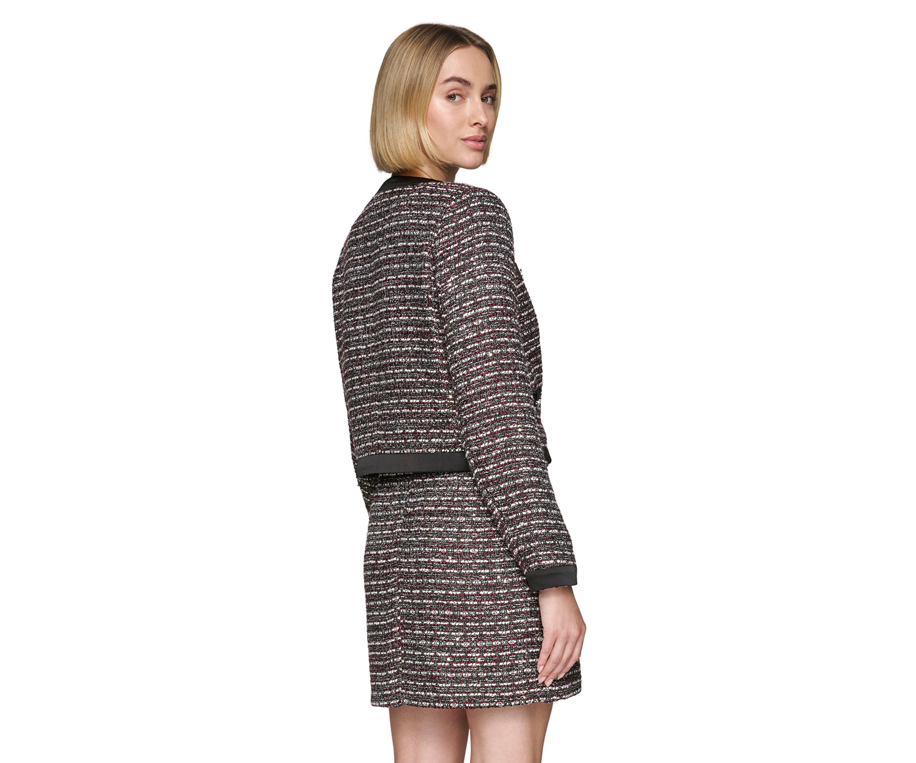 Womens Tweed Open Front Jacket with Contrast Trim