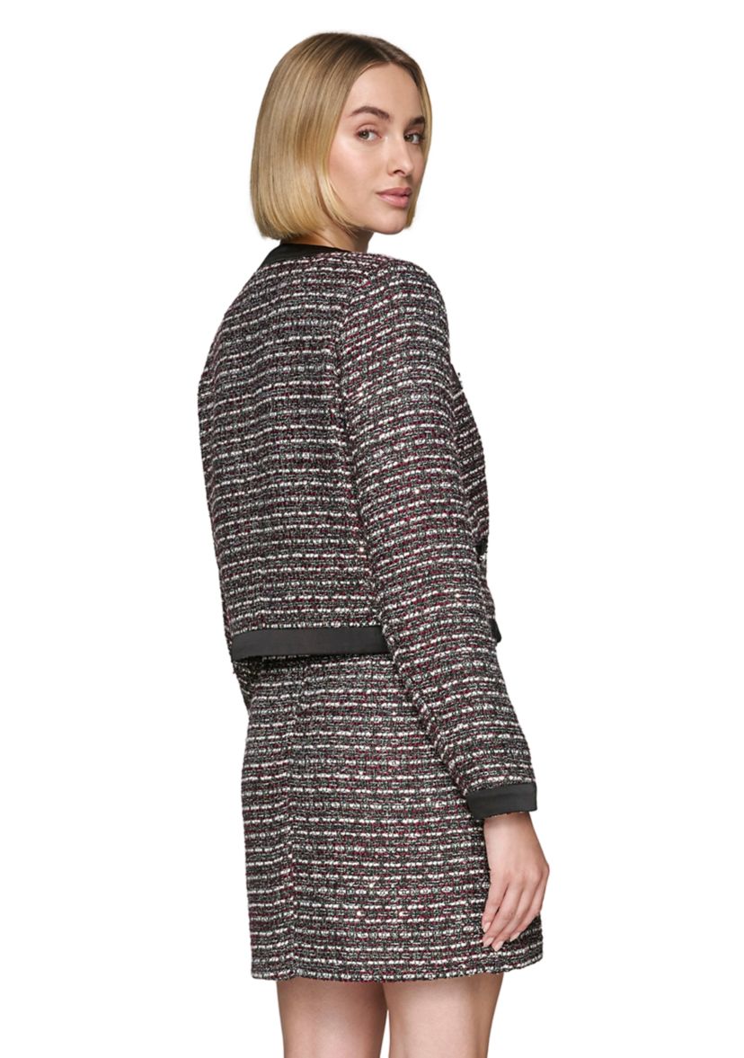 Womens Tweed Open Front Jacket with Contrast Trim