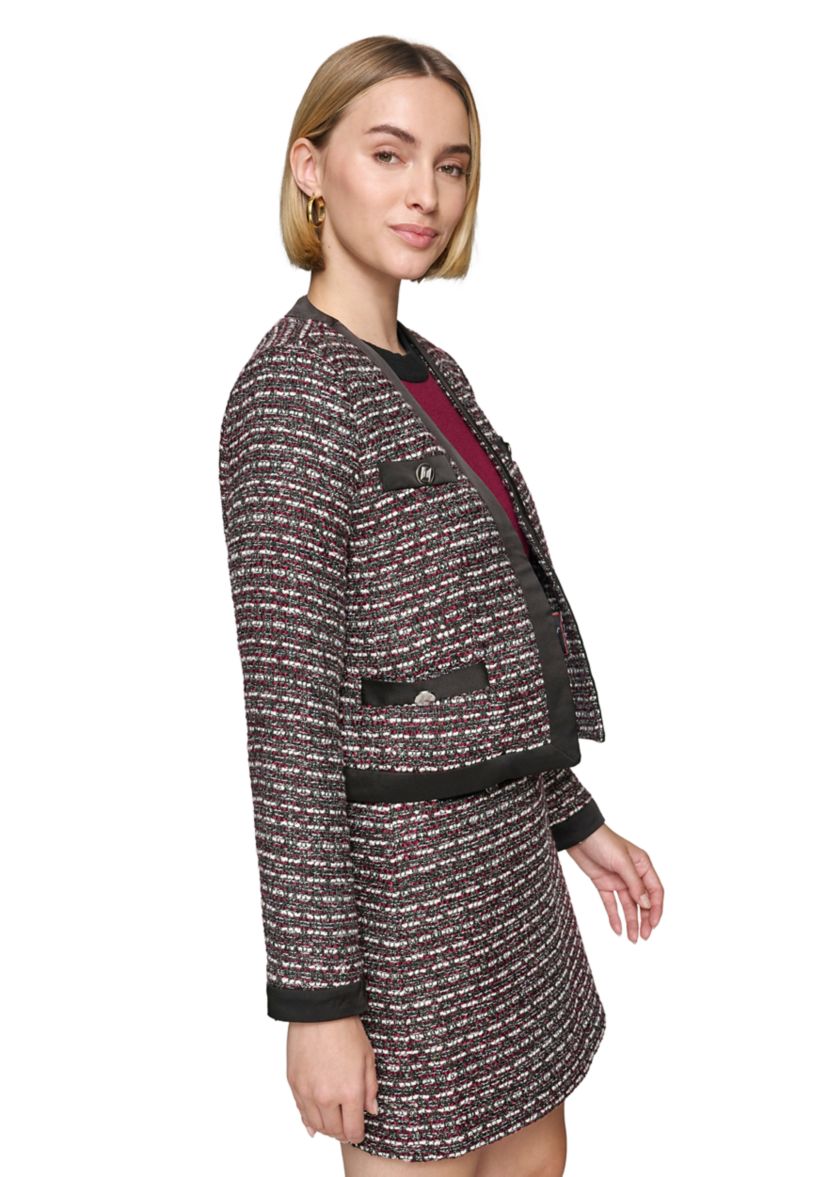 Womens Tweed Open Front Jacket with Contrast Trim