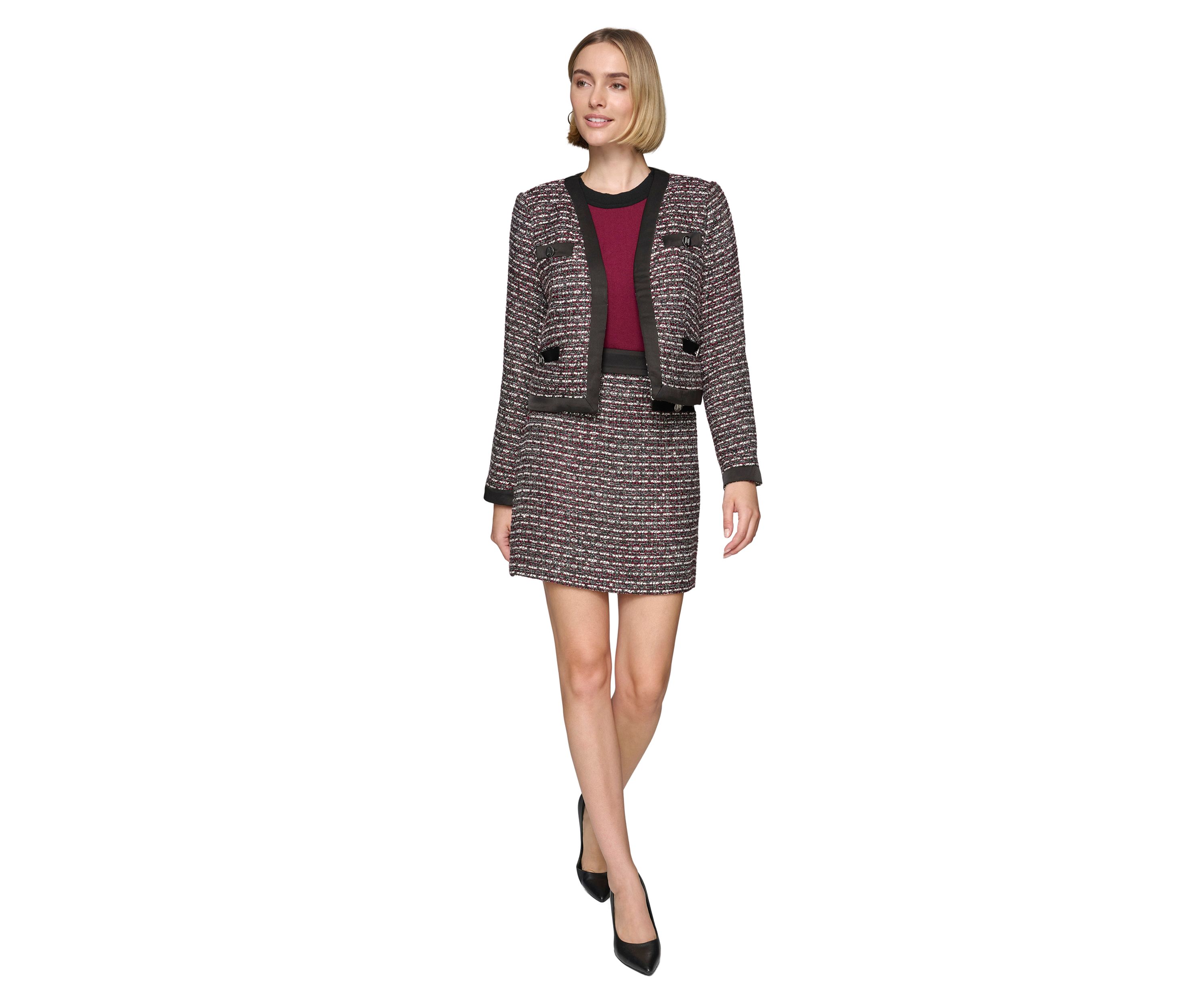 Womens Tweed Open Front Jacket with Contrast Trim