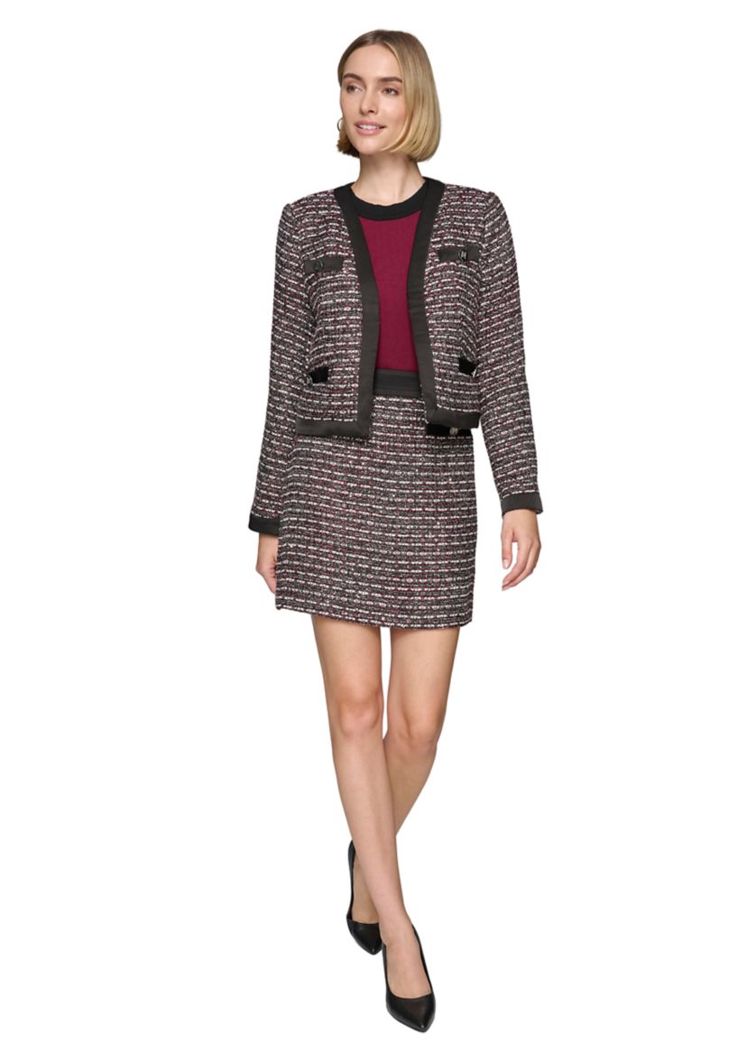 Womens Tweed Open Front Jacket with Contrast Trim