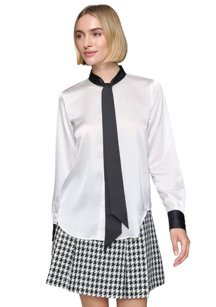 Womens Satin Tie Neck Blouse