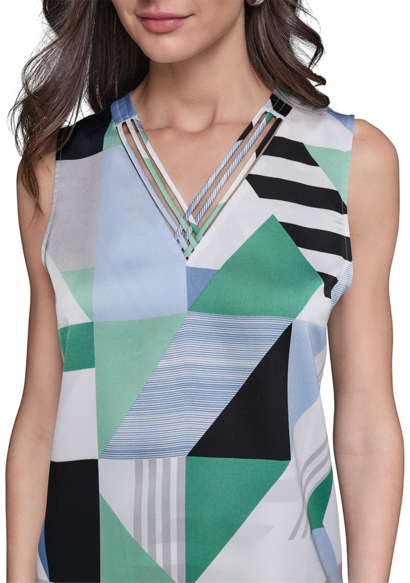 Womens Printed Sleeveless V-Neck Crisscross Top