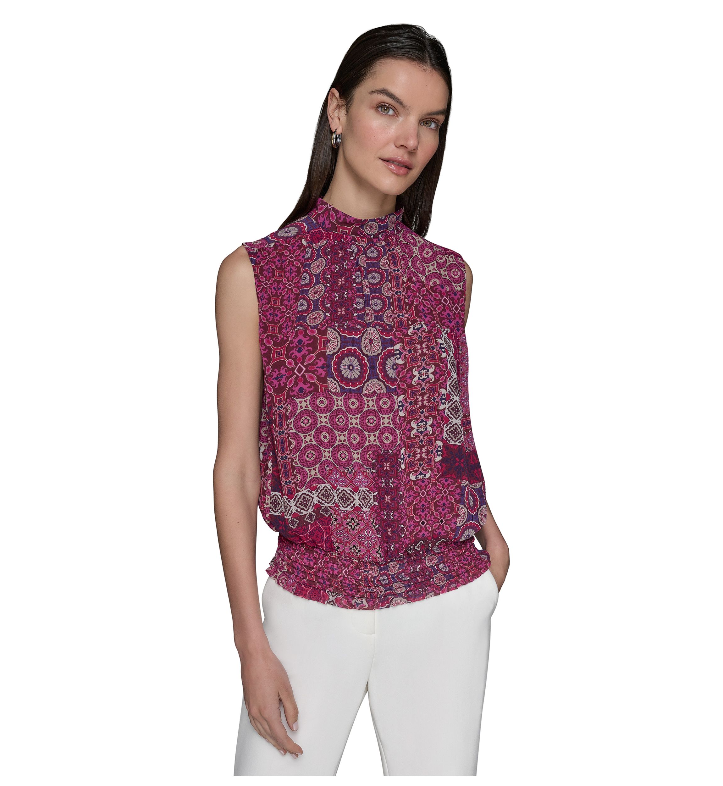 Womens Printed Sleeveless Mock Neck Top with Waistband