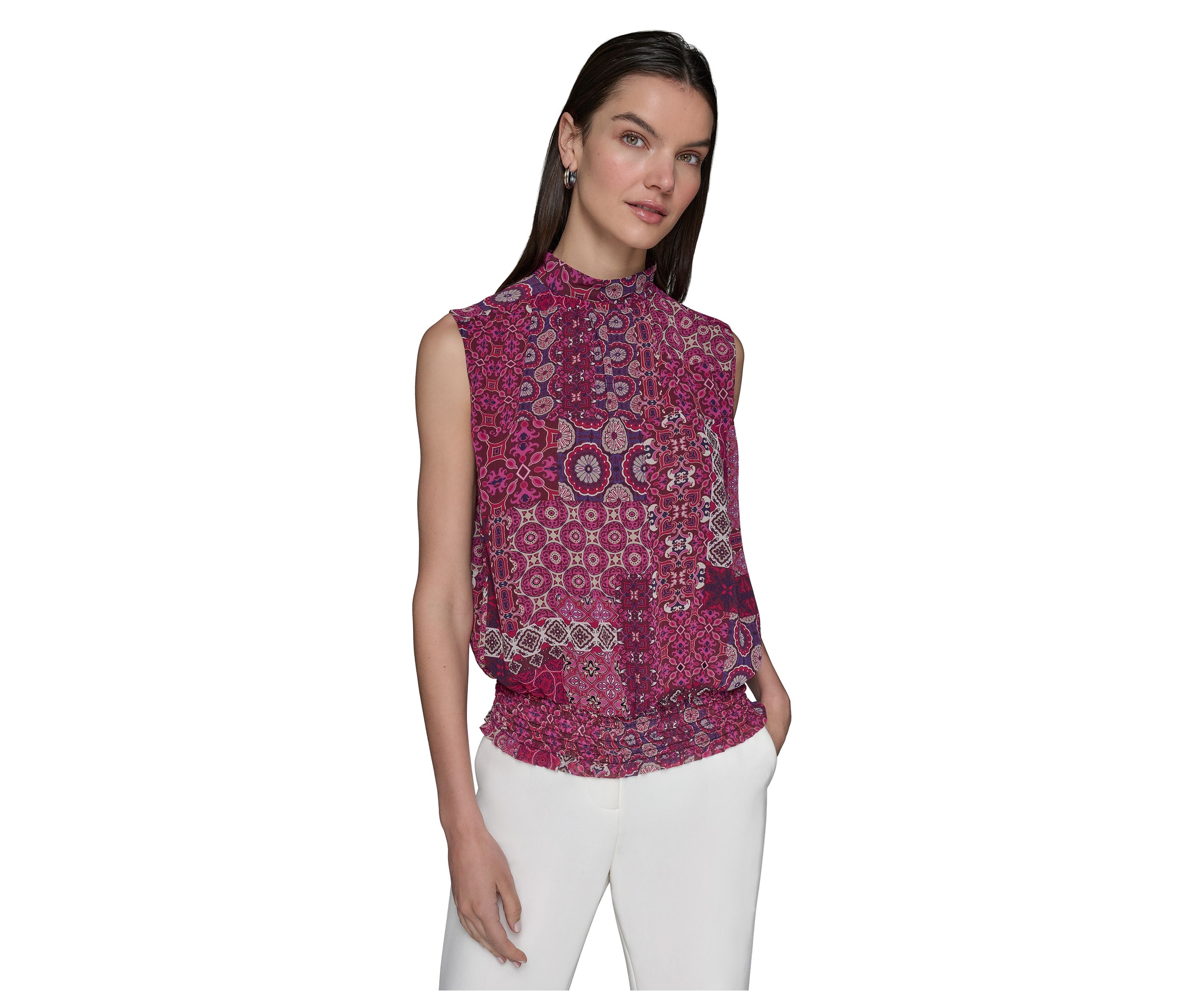 Womens Printed Sleeveless Mock Neck Top with Waistband
