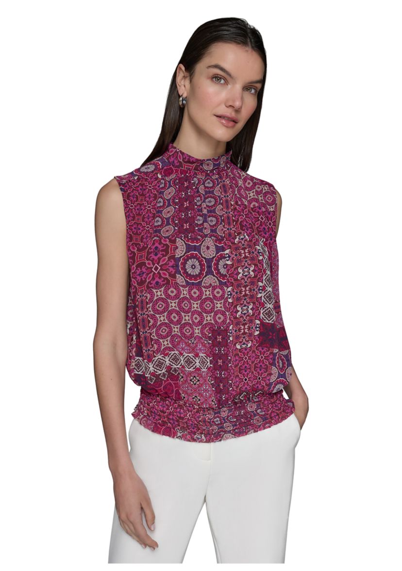 Womens Printed Sleeveless Mock Neck Top with Waistband
