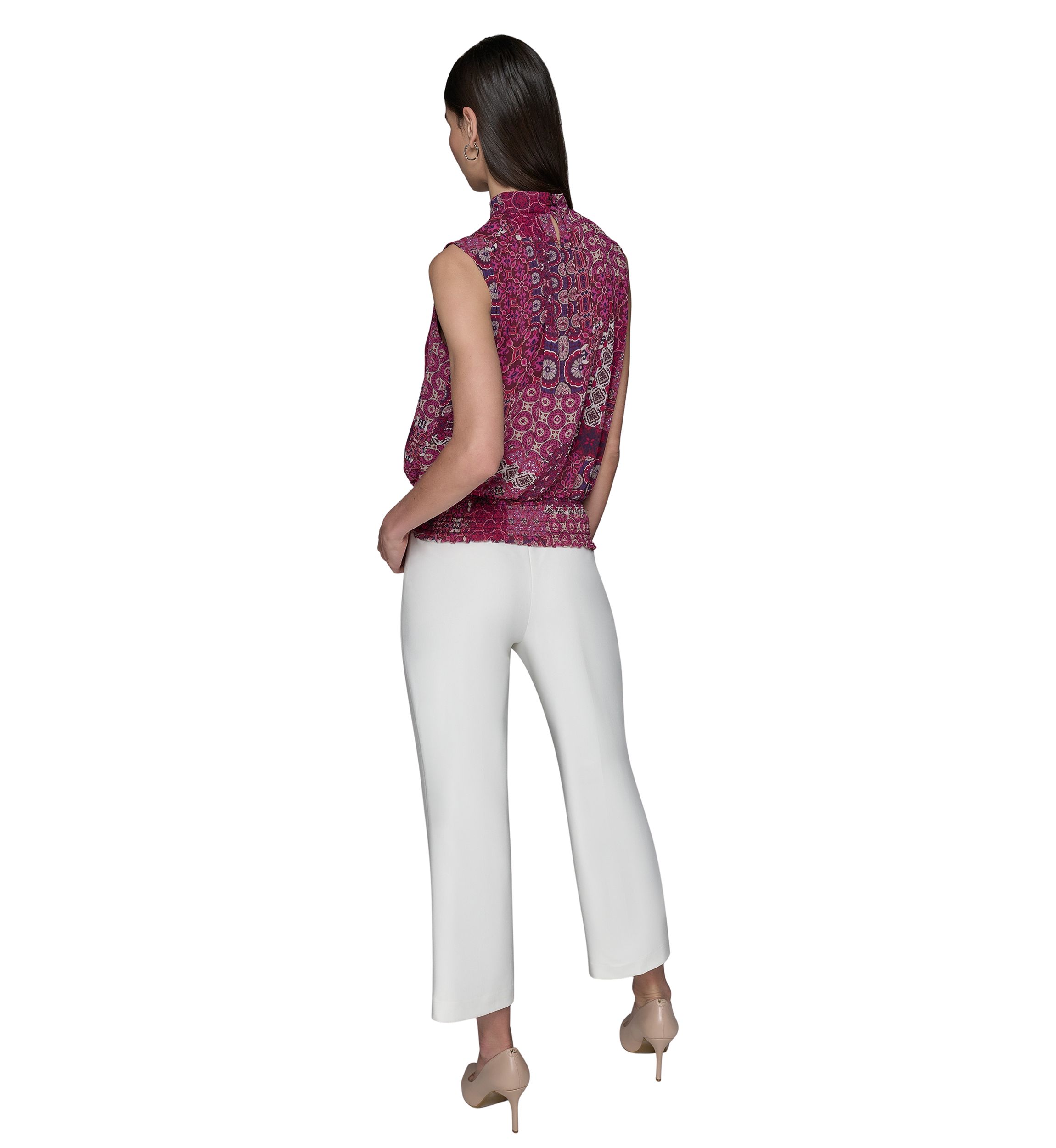 Womens Printed Sleeveless Mock Neck Top with Waistband