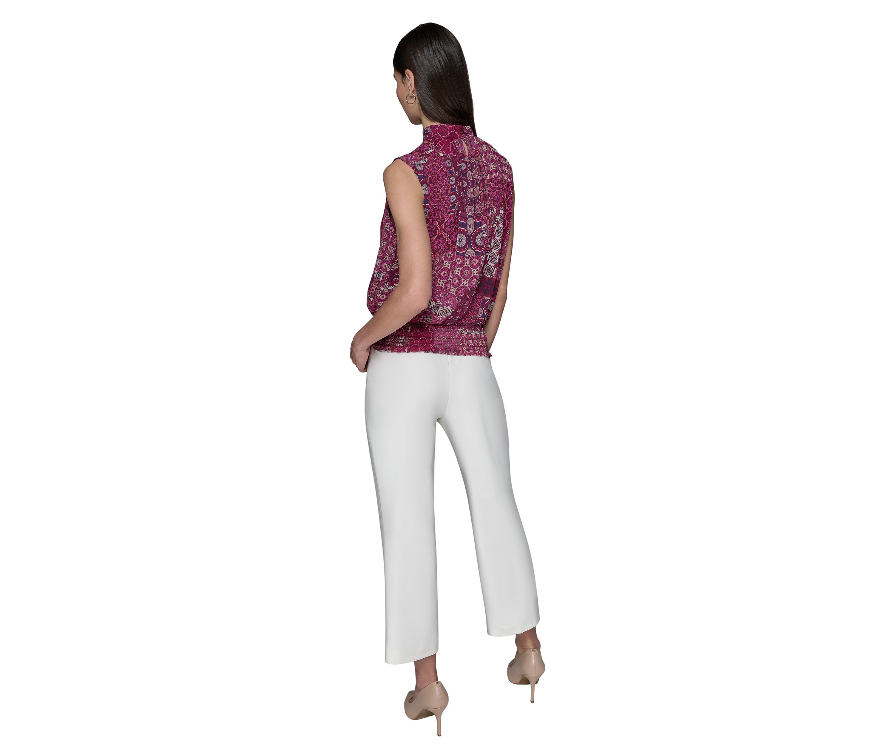 Womens Printed Sleeveless Mock Neck Top with Waistband