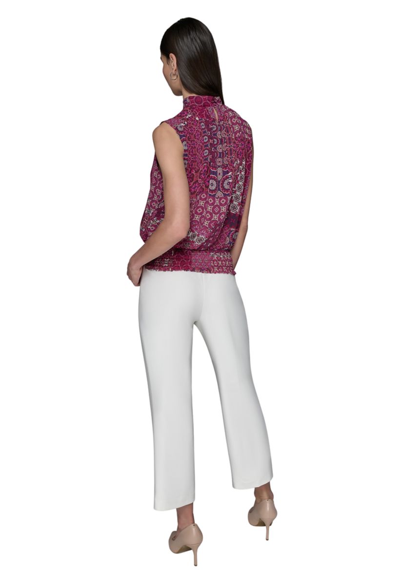 Womens Printed Sleeveless Mock Neck Top with Waistband