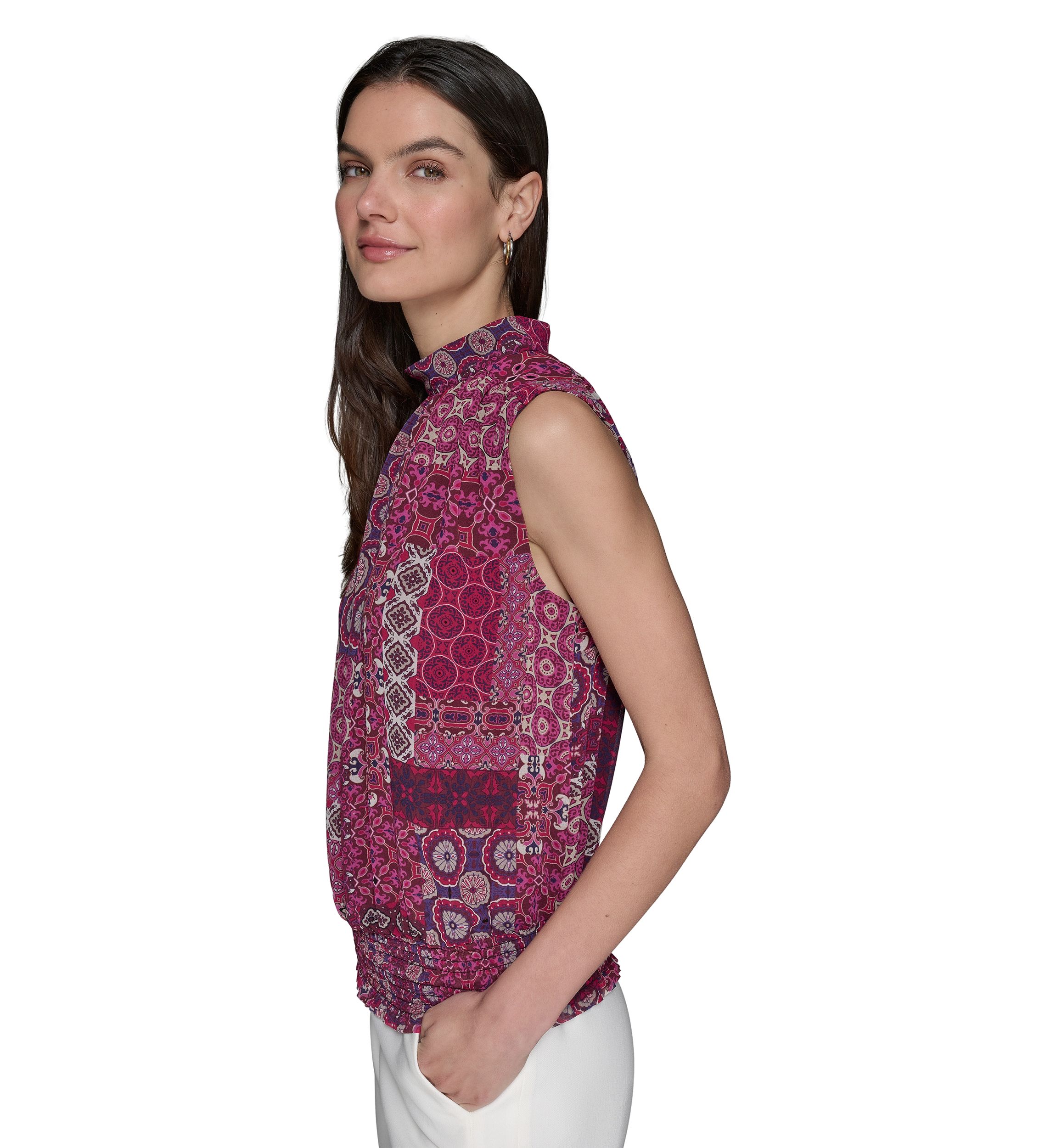 Womens Printed Sleeveless Mock Neck Top with Waistband