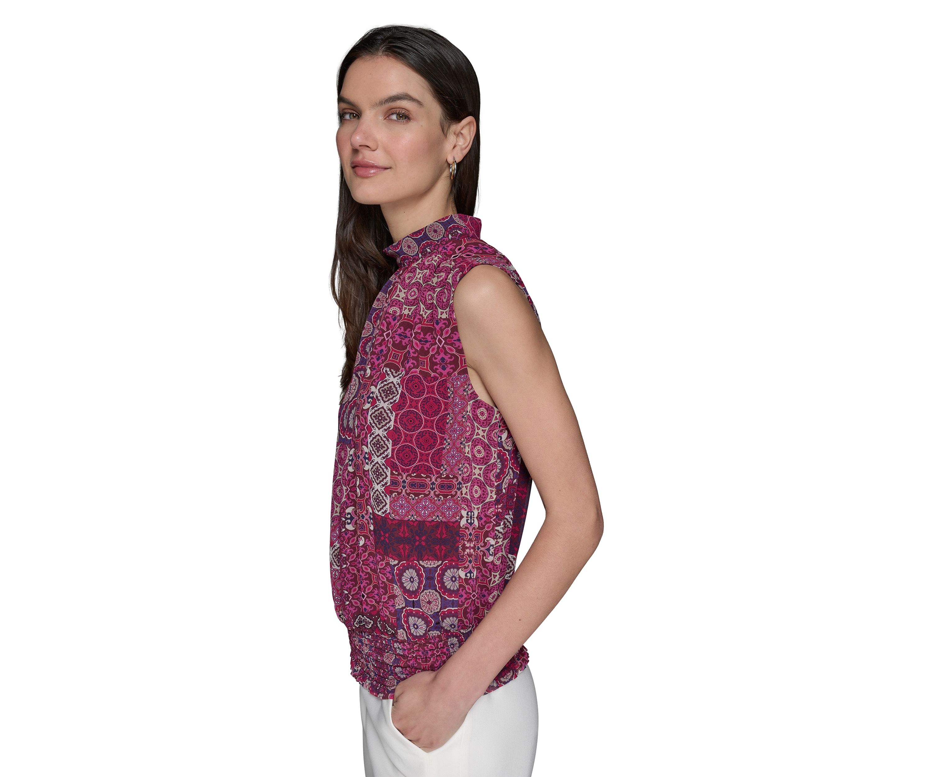 Womens Printed Sleeveless Mock Neck Top with Waistband
