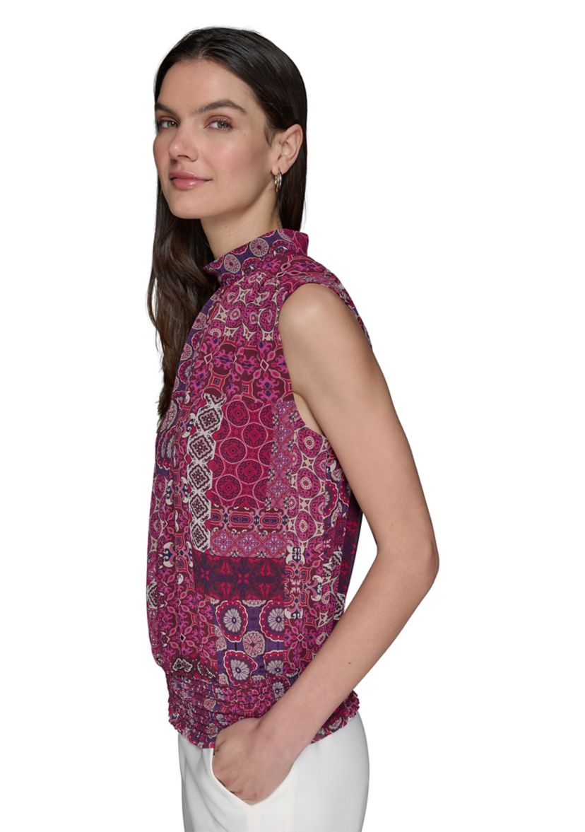 Womens Printed Sleeveless Mock Neck Top with Waistband