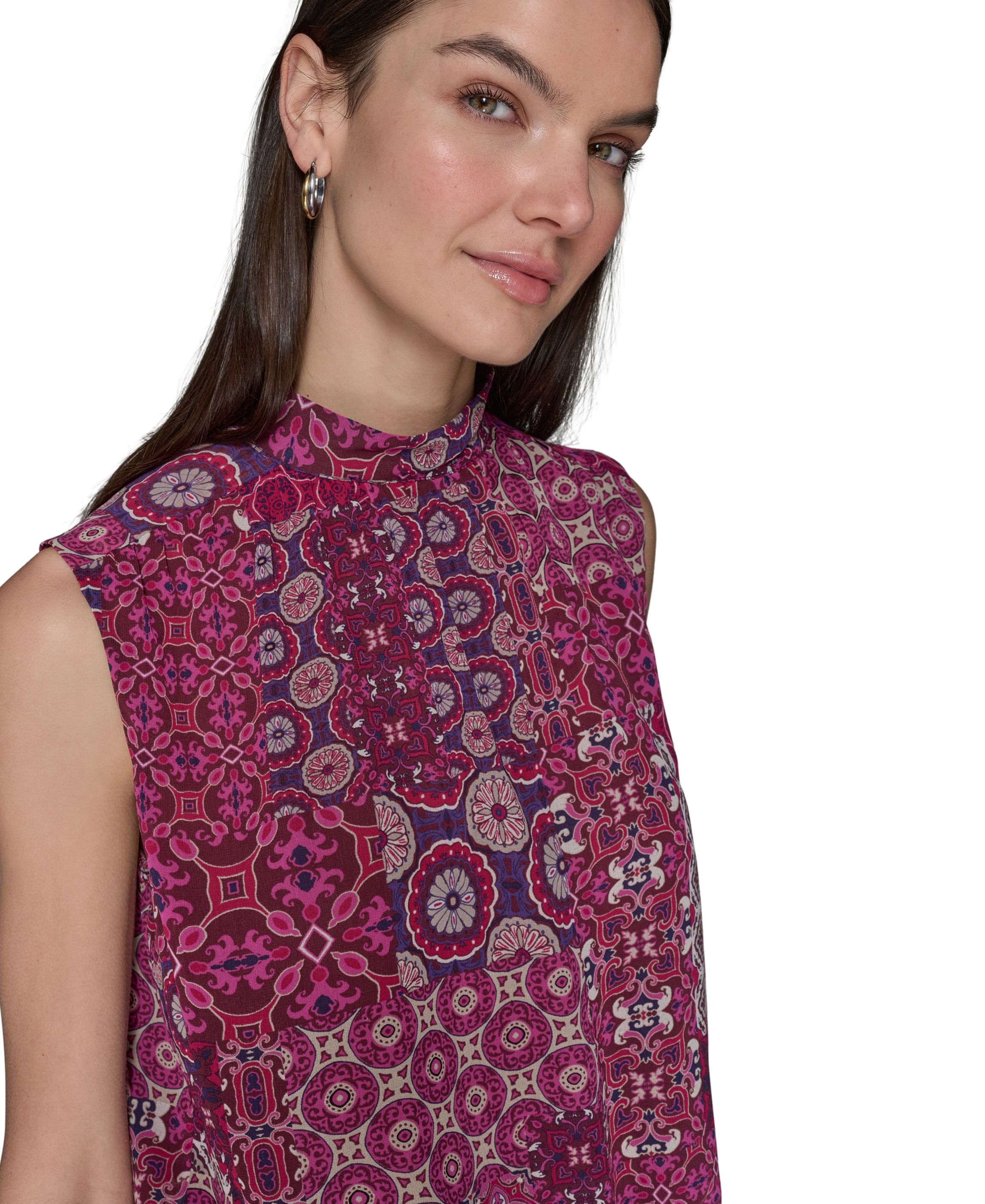 Womens Printed Sleeveless Mock Neck Top with Waistband
