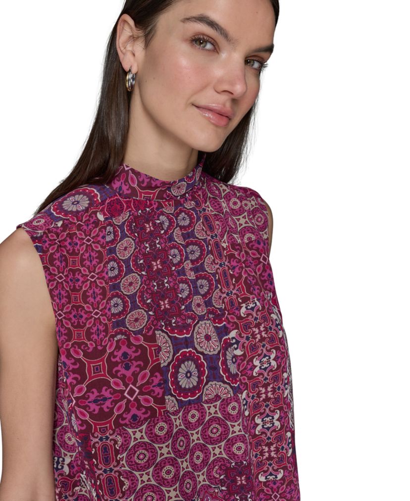 Womens Printed Sleeveless Mock Neck Top with Waistband