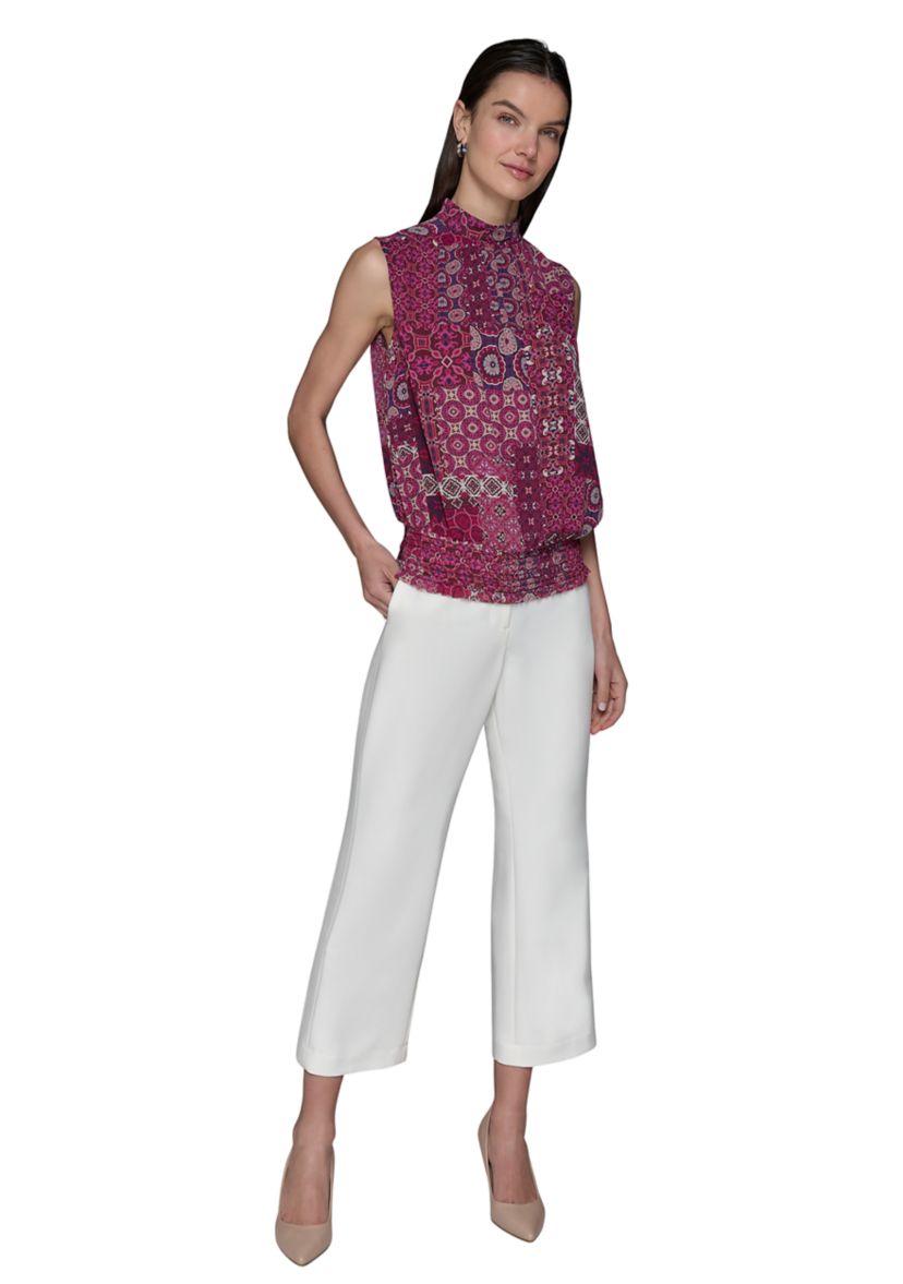 Womens Printed Sleeveless Mock Neck Top with Waistband