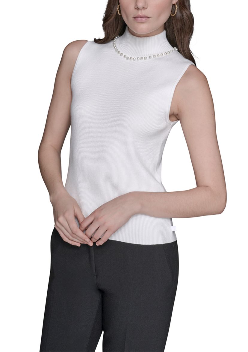 Womens Sleeveless Sweater with Pearl Detail 