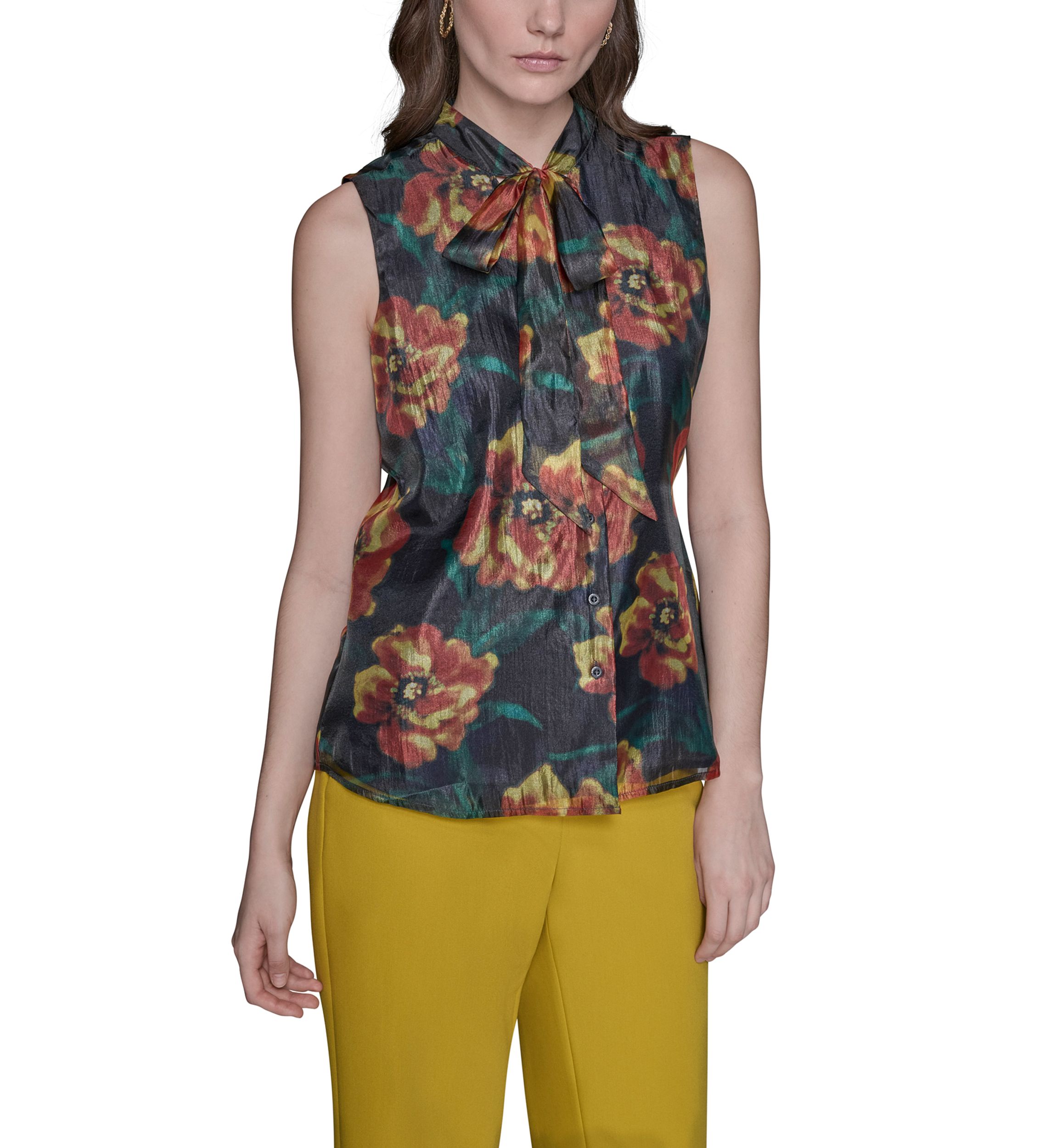 Womens Crinkled Organza Sleeveless Tie Neck Blouse