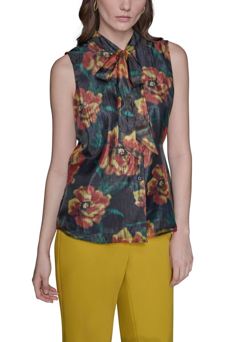 Womens Crinkled Organza Sleeveless Tie Neck Blouse