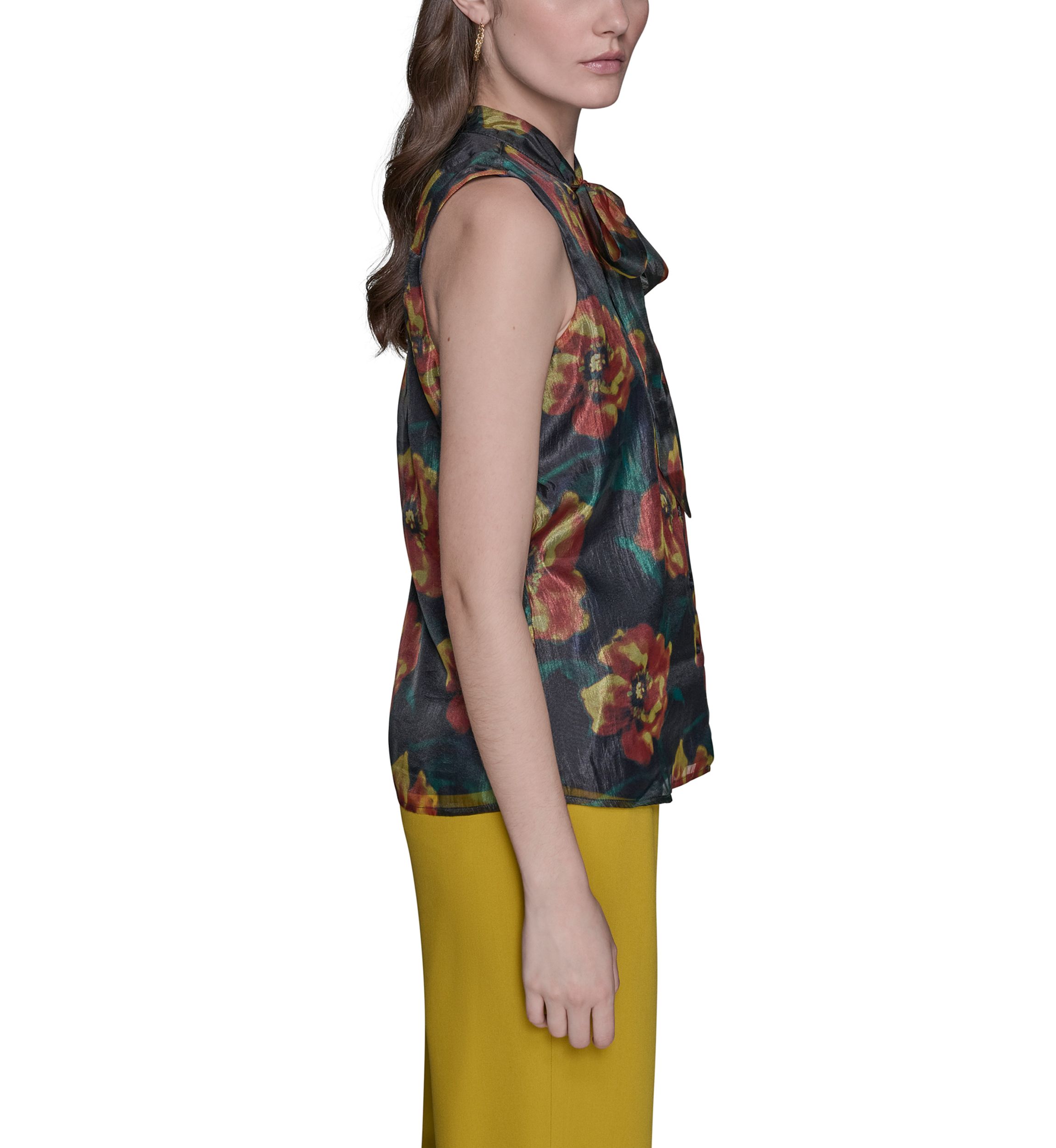 Womens Crinkled Organza Sleeveless Tie Neck Blouse