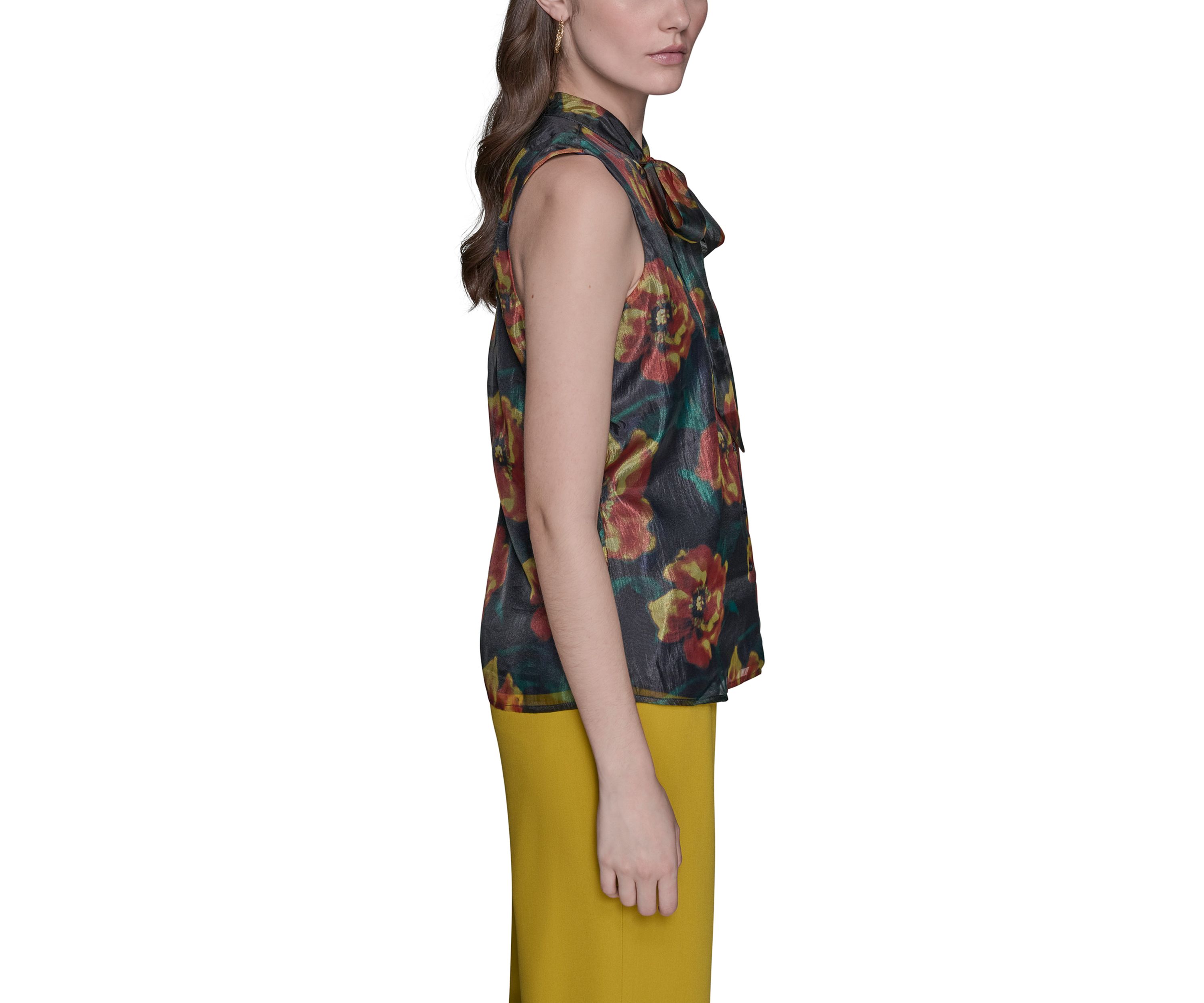Womens Crinkled Organza Sleeveless Tie Neck Blouse