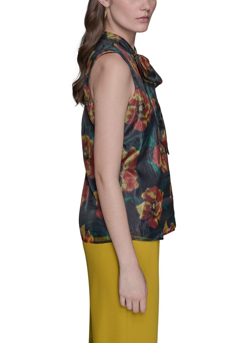 Womens Crinkled Organza Sleeveless Tie Neck Blouse