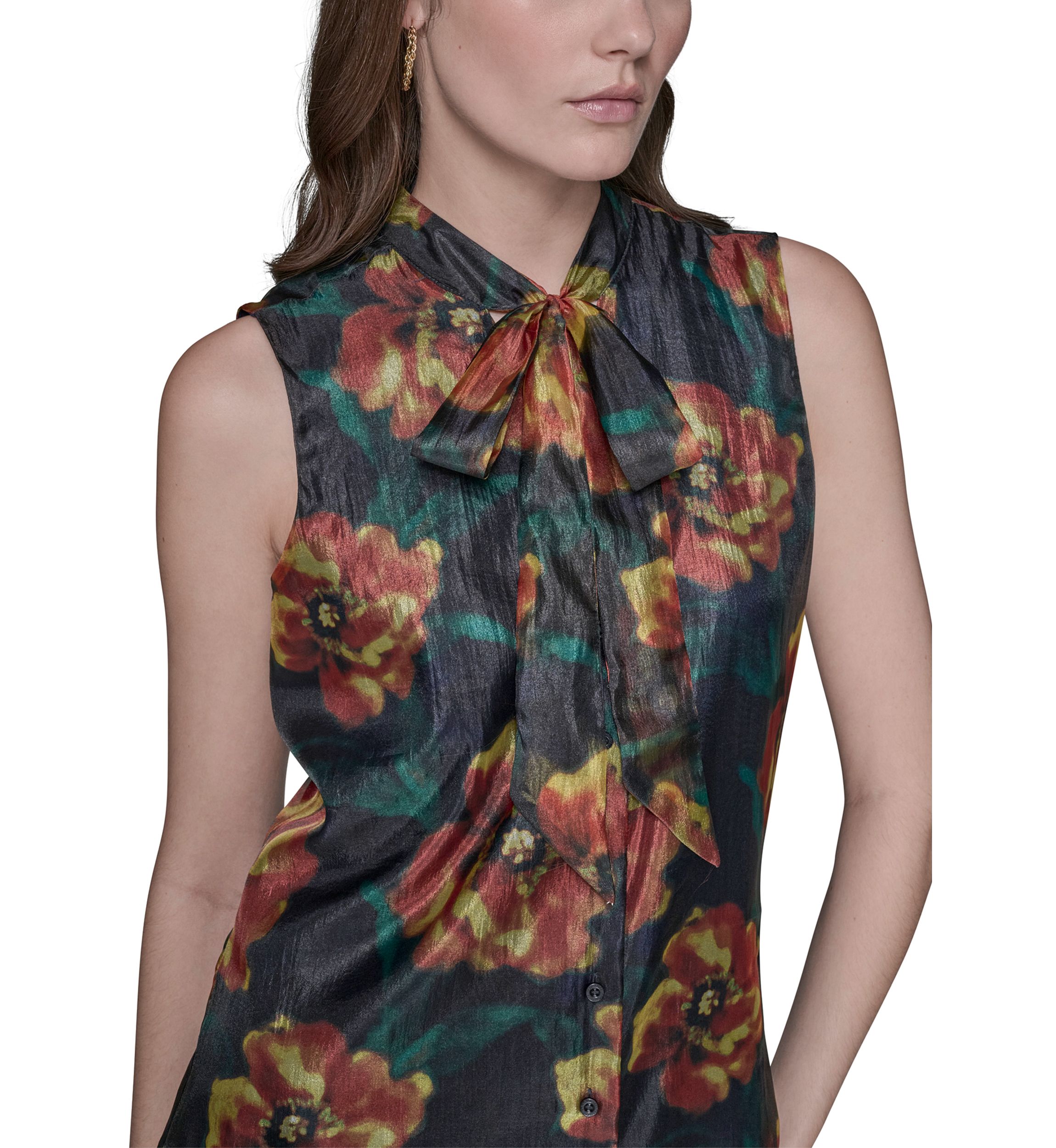 Womens Crinkled Organza Sleeveless Tie Neck Blouse