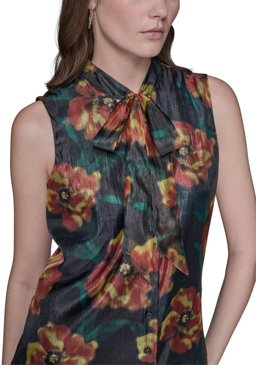 Womens Crinkled Organza Sleeveless Tie Neck Blouse