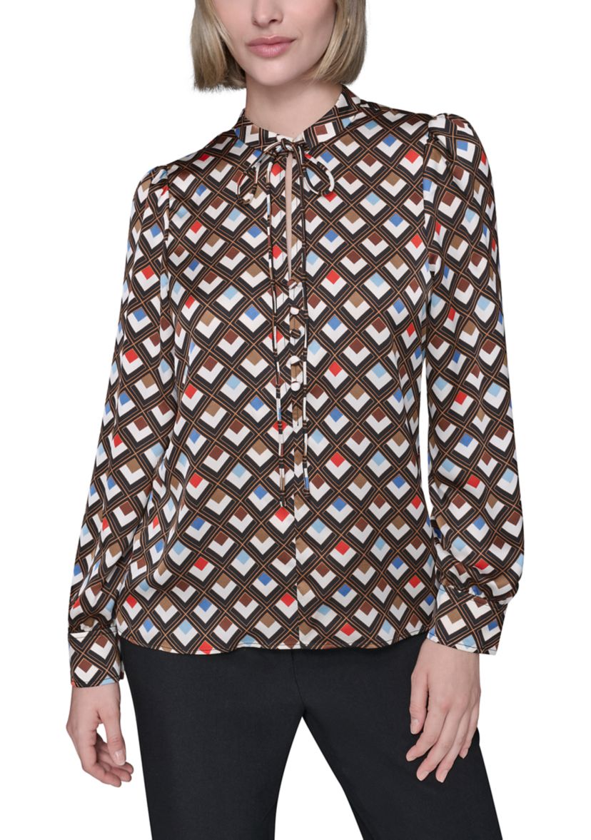  Womens Long Sleeve Tie Neck Blouse 