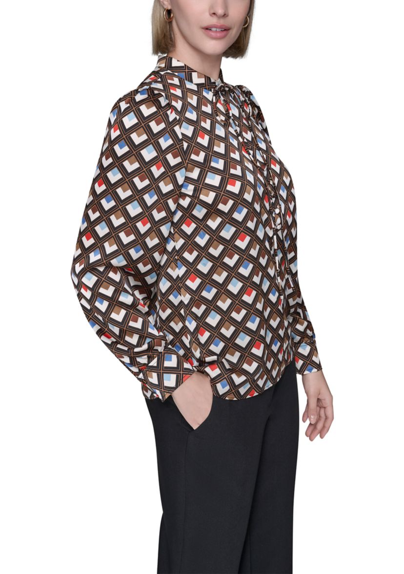  Womens Long Sleeve Tie Neck Blouse 