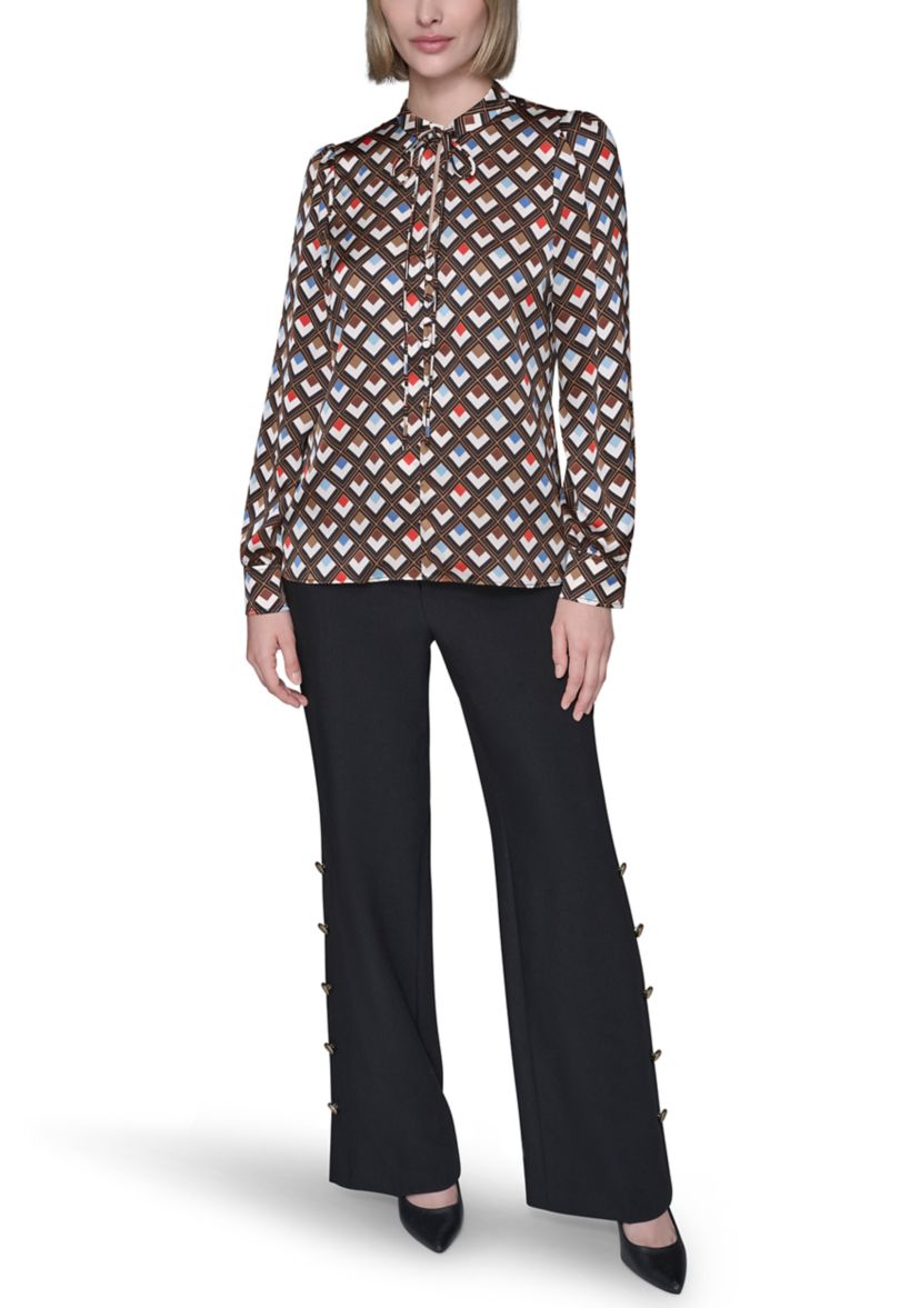  Womens Long Sleeve Tie Neck Blouse 