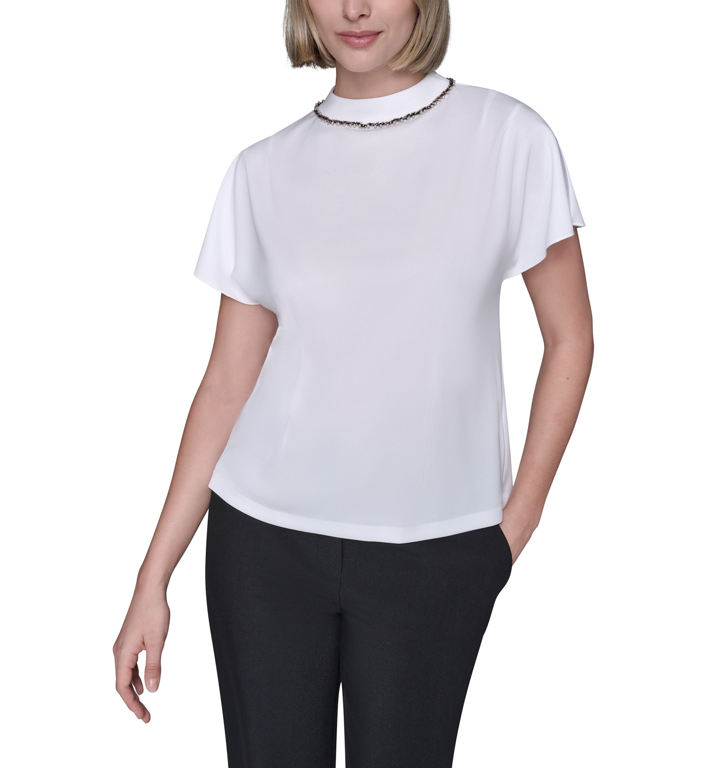 Womens Short Sleeve Top with Embellished Neckline