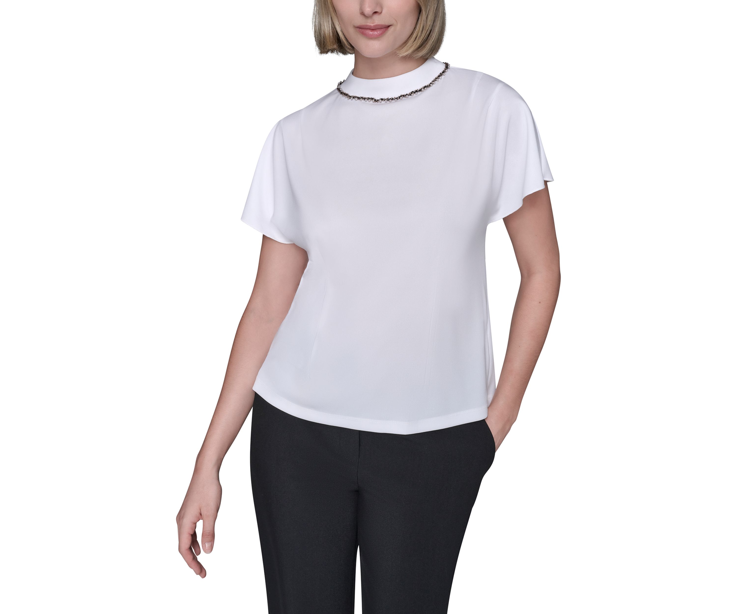Womens Short Sleeve Top with Embellished Neckline