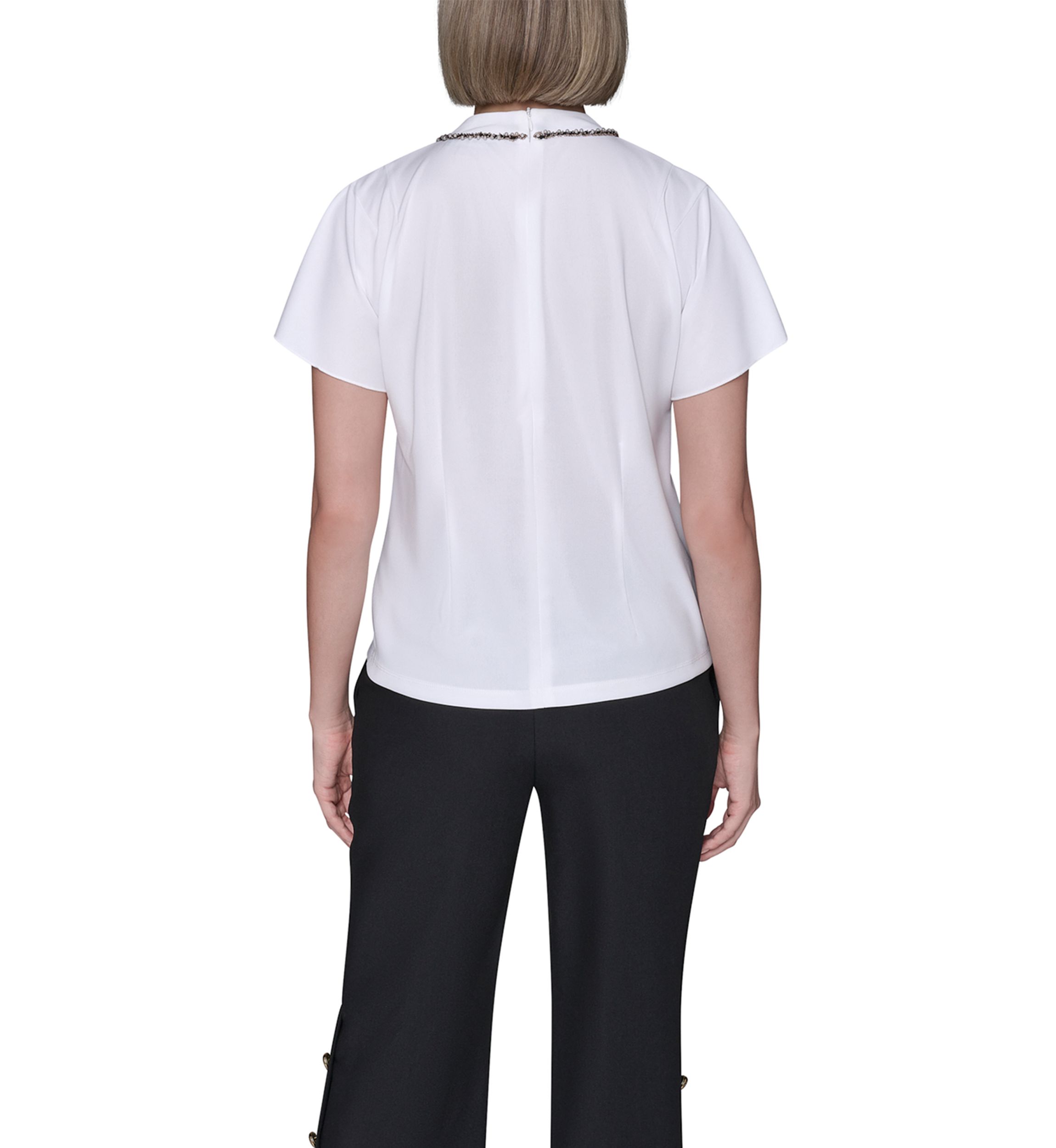 Womens Short Sleeve Top with Embellished Neckline