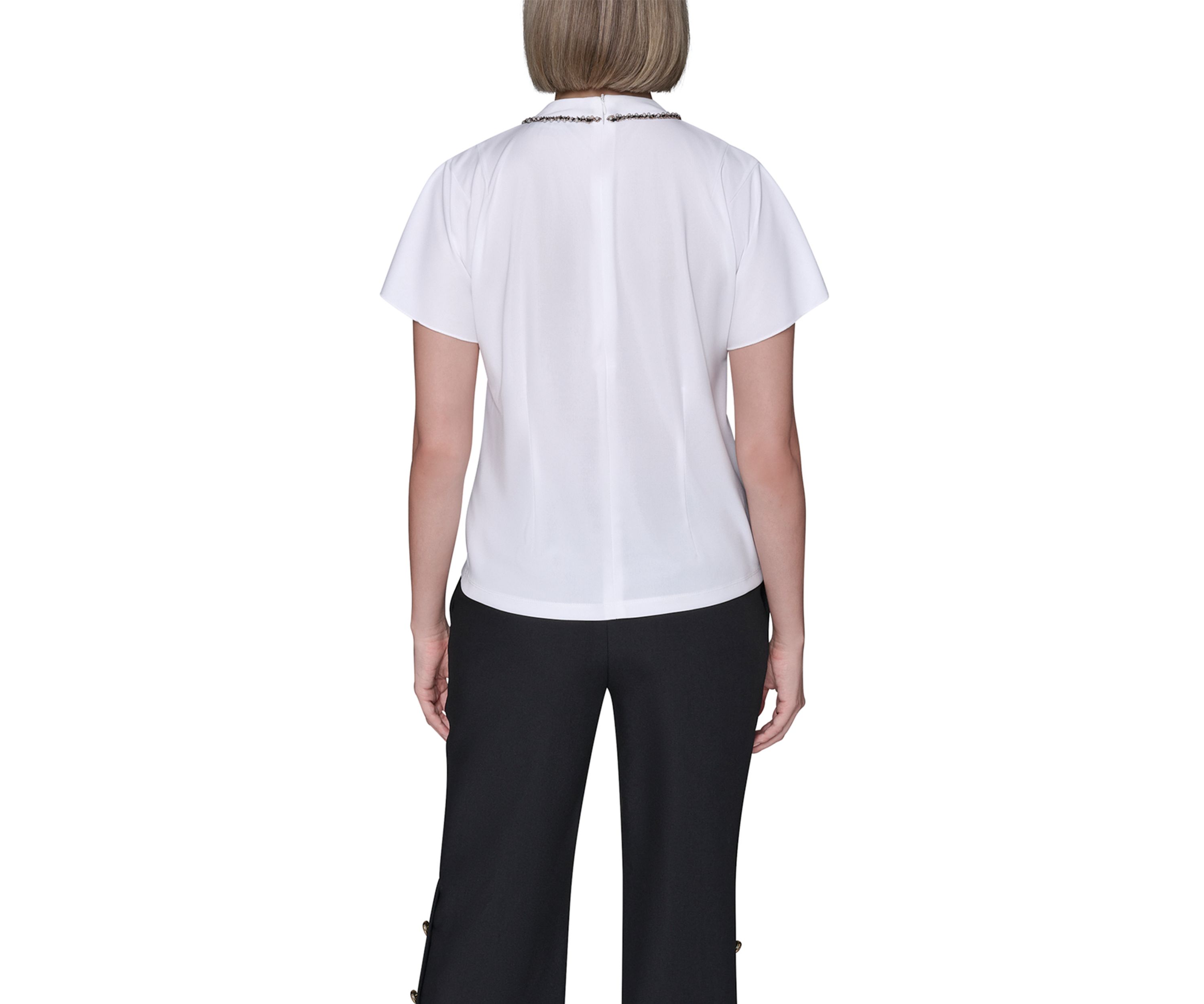 Womens Short Sleeve Top with Embellished Neckline