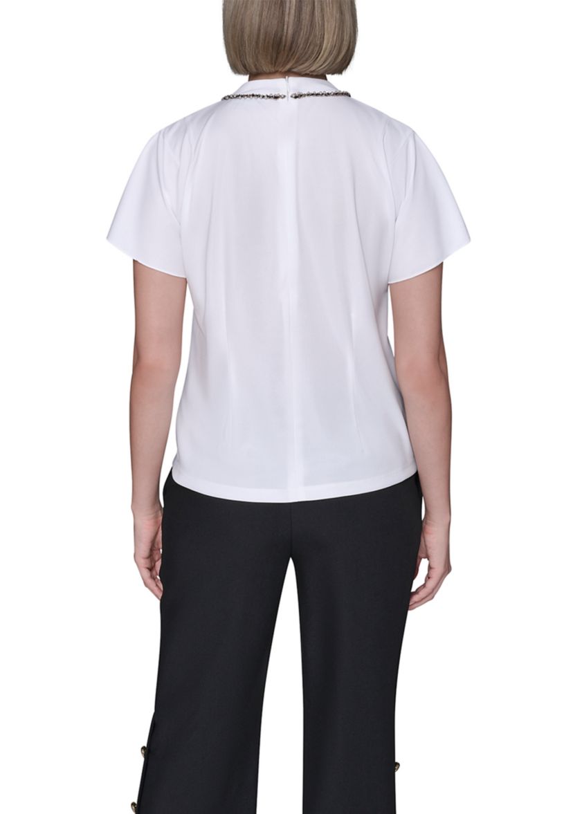 Womens Short Sleeve Top with Embellished Neckline