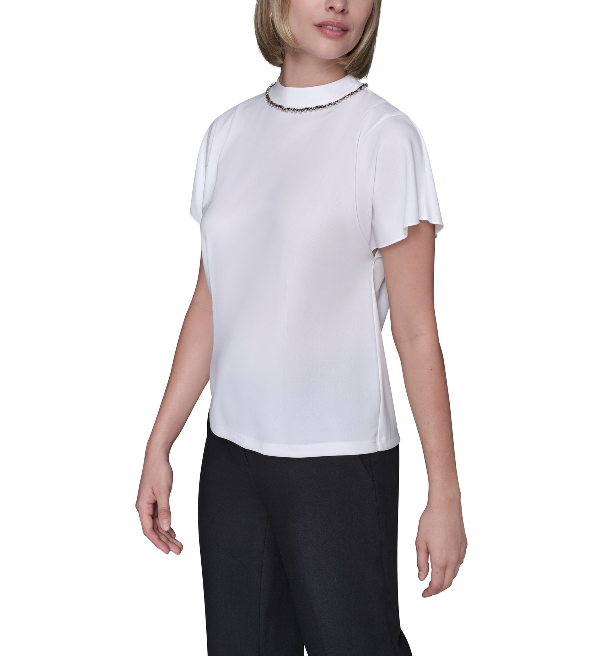 Womens Short Sleeve Top with Embellished Neckline