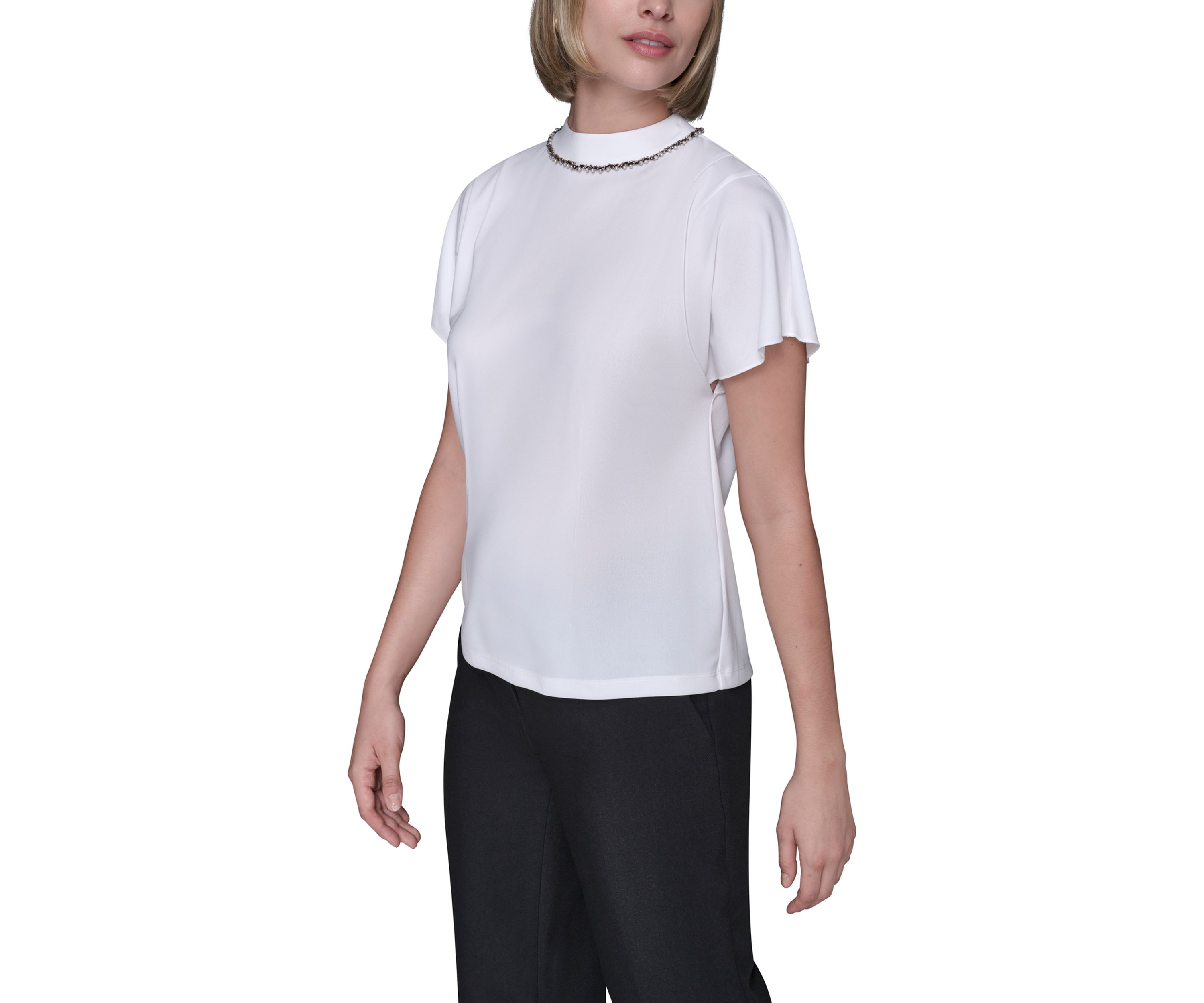 Womens Short Sleeve Top with Embellished Neckline