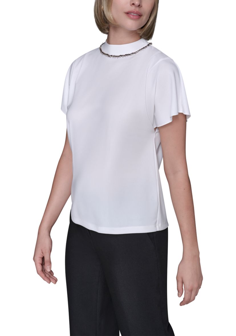 Womens Short Sleeve Top with Embellished Neckline