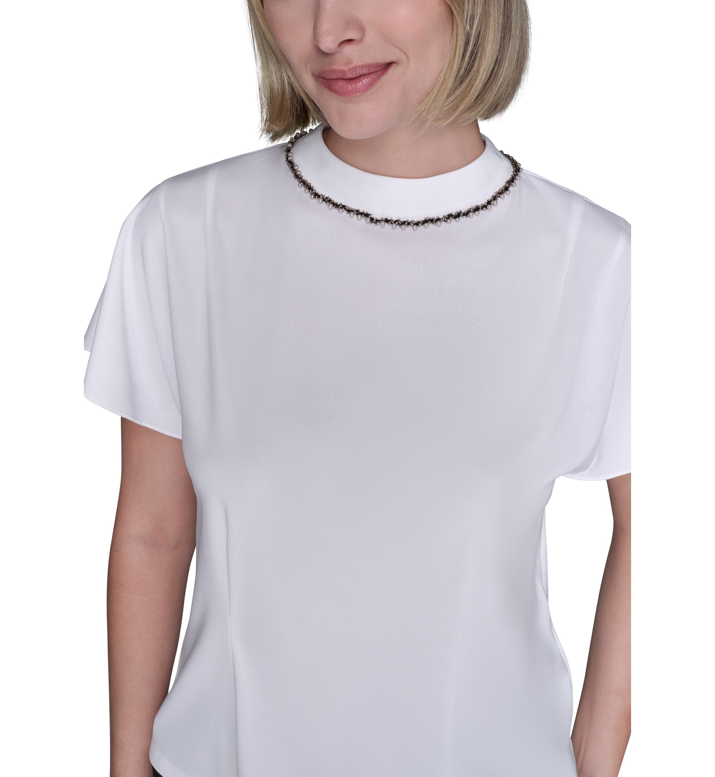 Womens Short Sleeve Top with Embellished Neckline