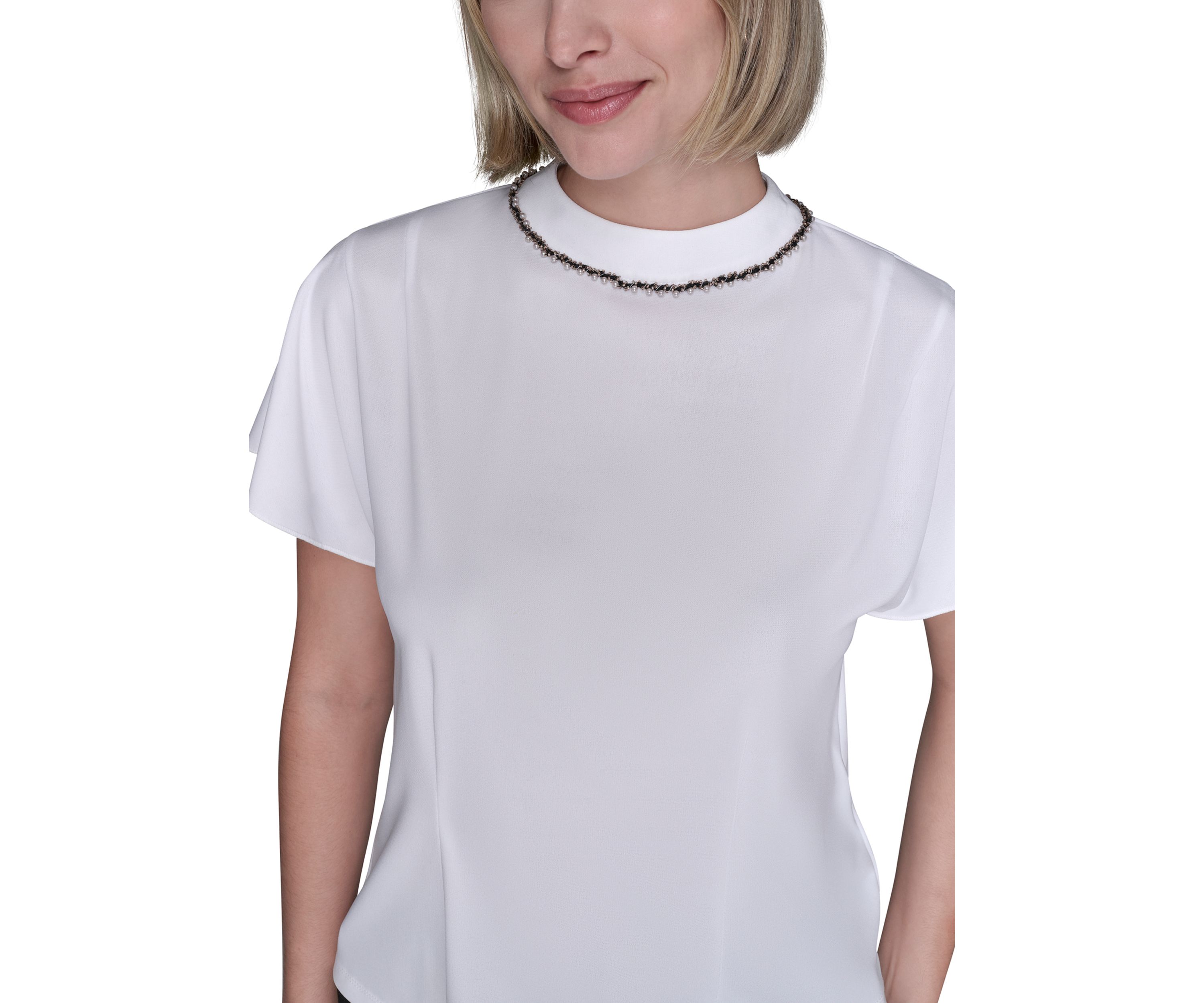 Womens Short Sleeve Top with Embellished Neckline