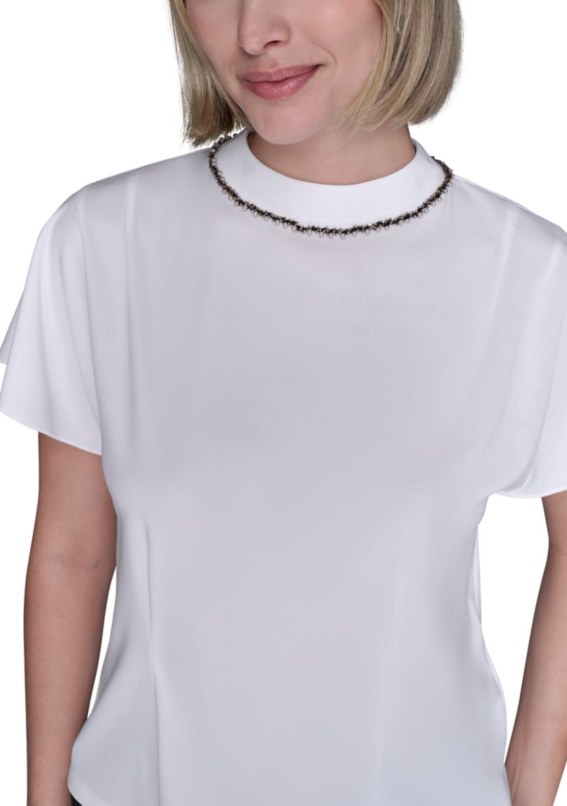 Womens Short Sleeve Top with Embellished Neckline