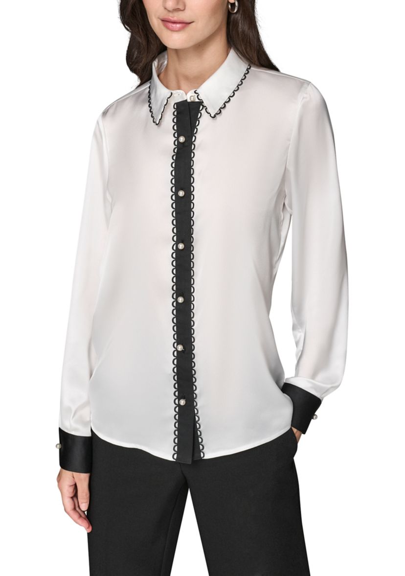 Womens Long Sleeve Color Block Top with Scallop Trim