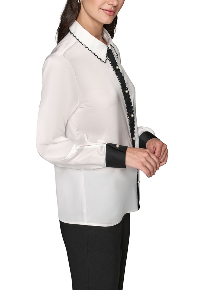 Womens Long Sleeve Color Block Top with Scallop Trim
