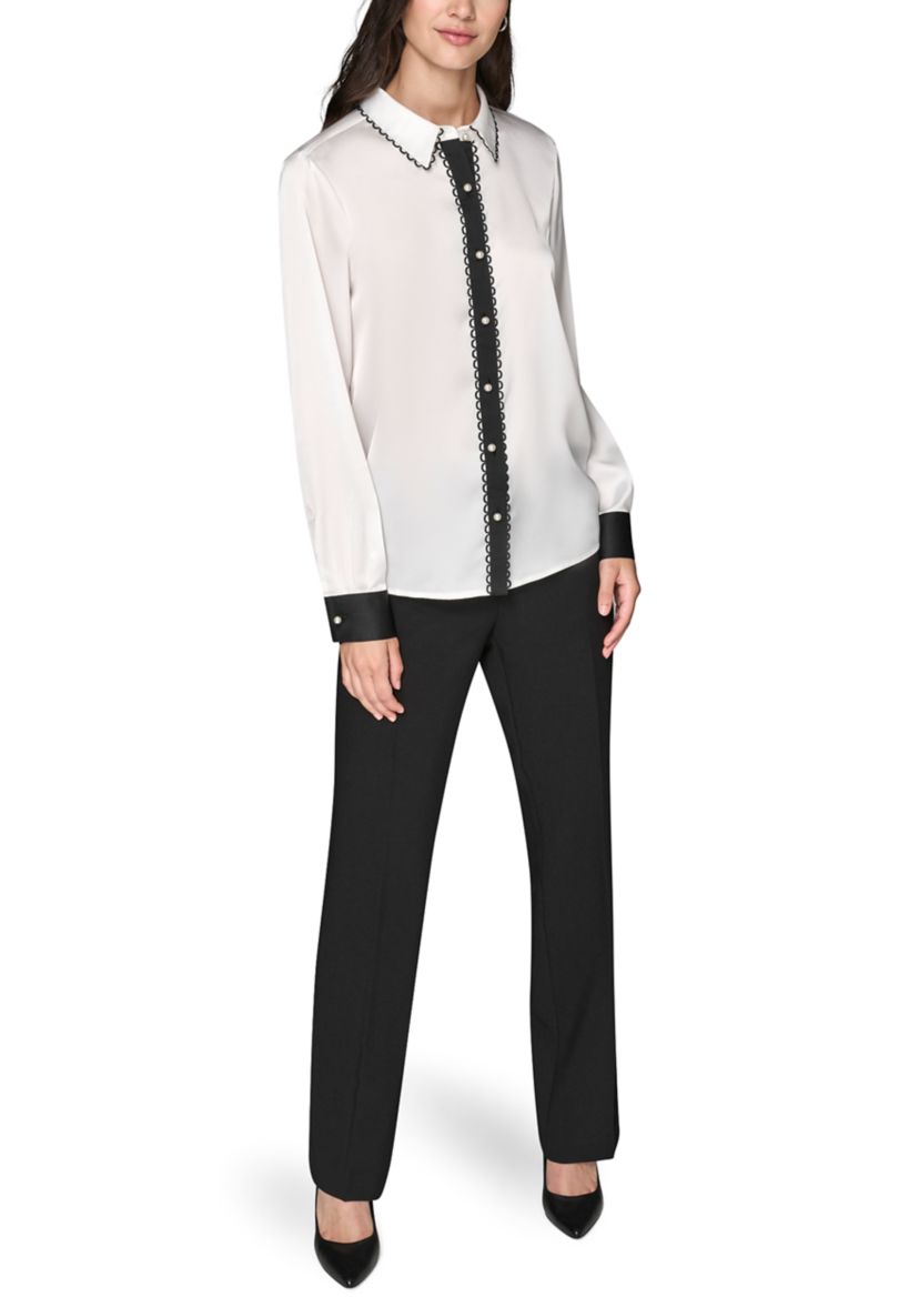 Womens Long Sleeve Color Block Top with Scallop Trim