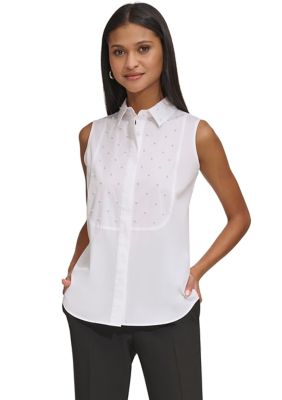 KARL LAGERFELD PARIS Women's Sleeveless Top with Pearl Accents, White, Small