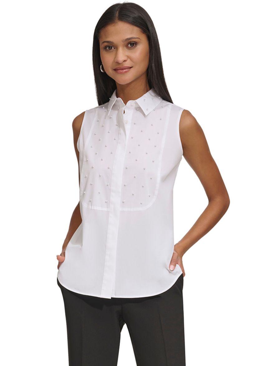 Womens Sleeveless Top with Pearl Accents