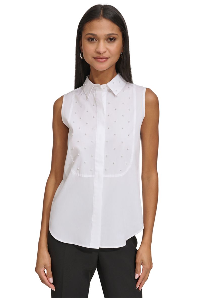 Womens Sleeveless Top with Pearl Accents