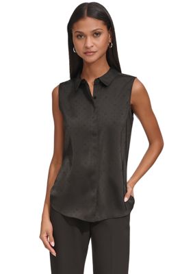 KARL LAGERFELD PARIS Women's Sleeveless Collared Jacquard Top, Black, Small