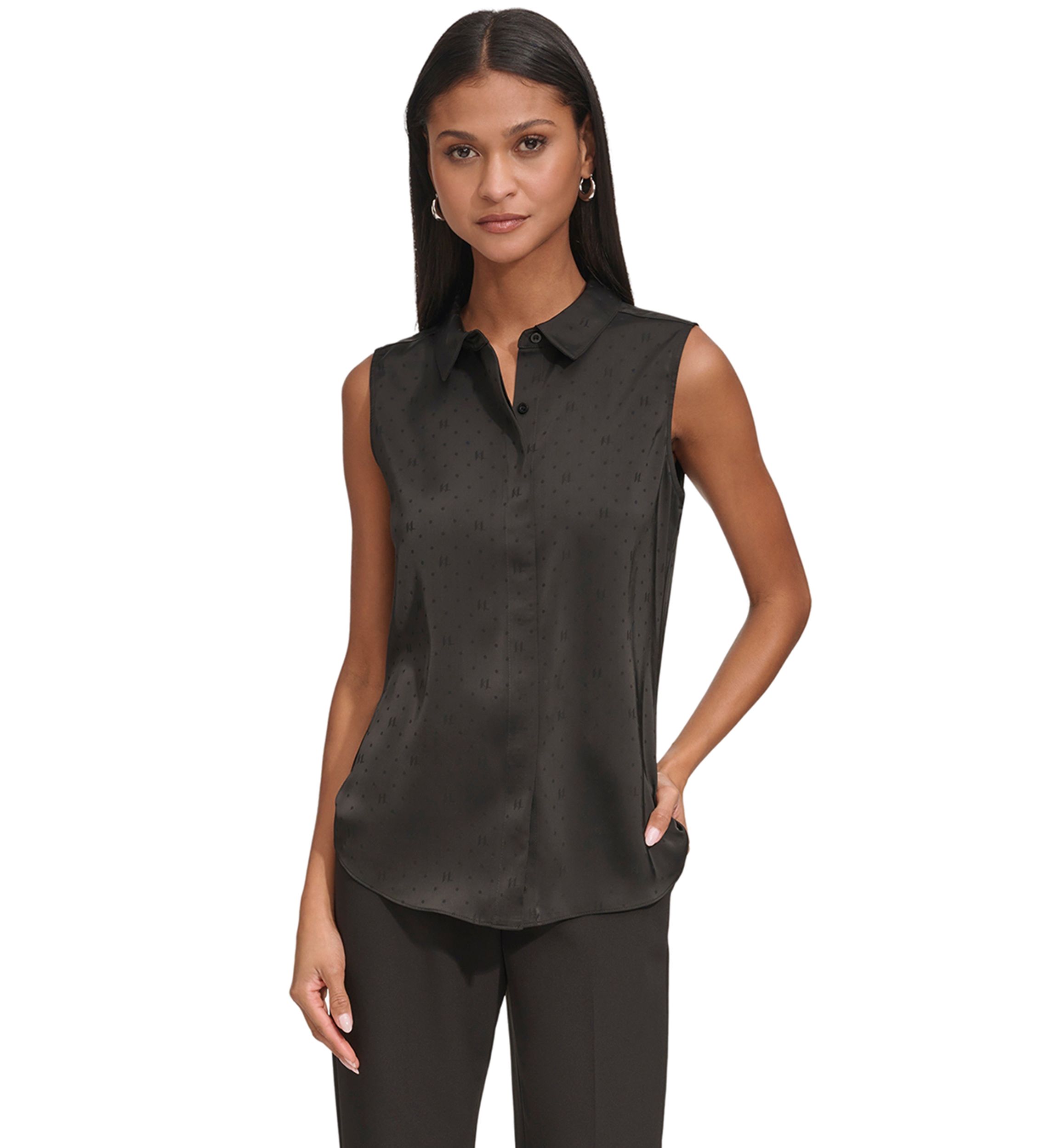 Womens Sleeveless Collared Jacquard Top