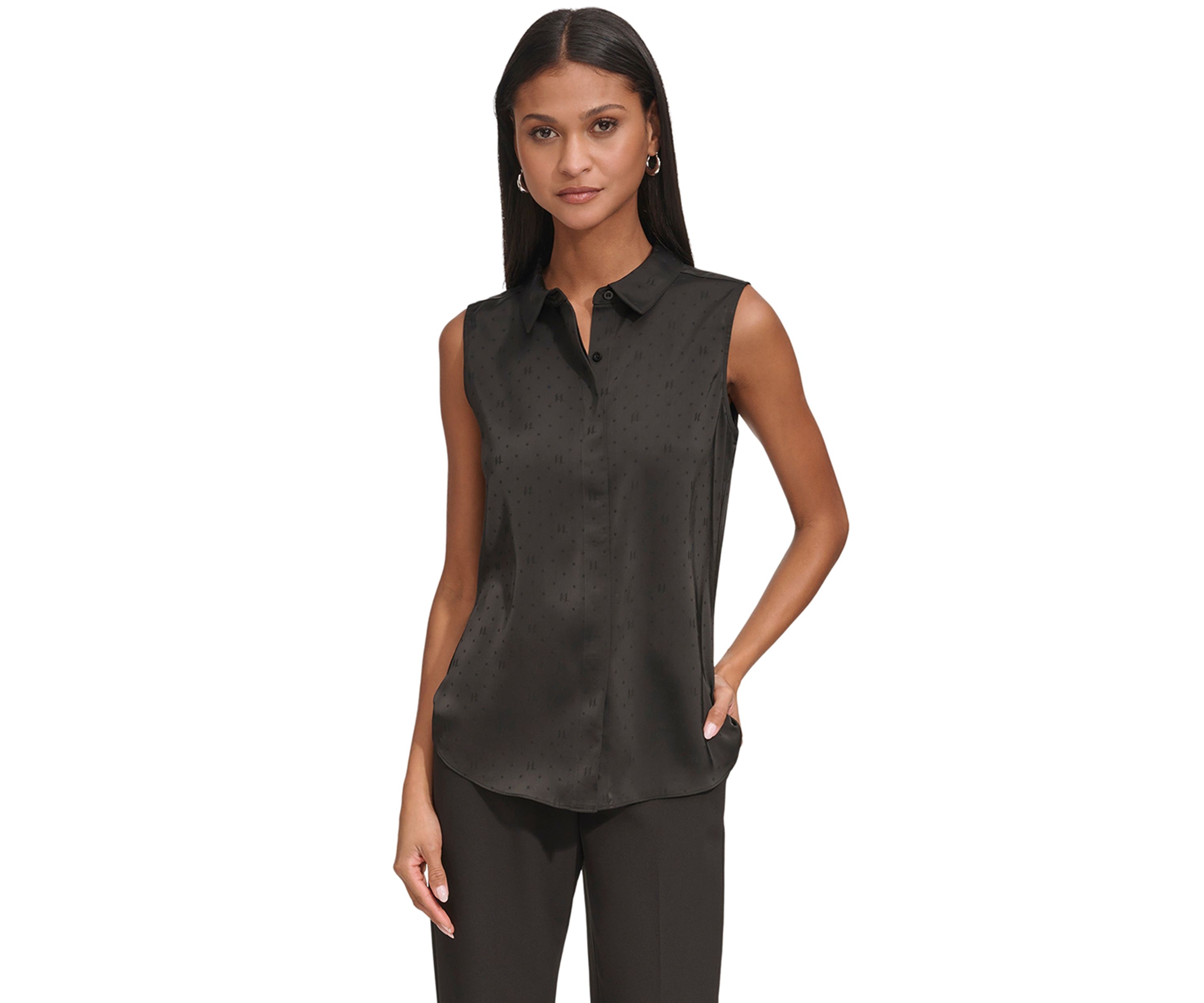 Womens Sleeveless Collared Jacquard Top